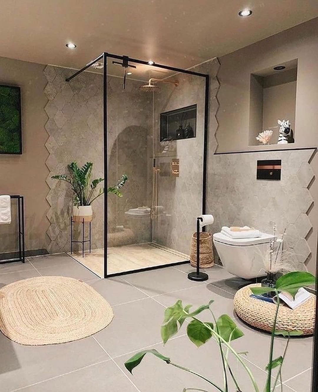 Black Framed Glass Shower with Recessed Niche
