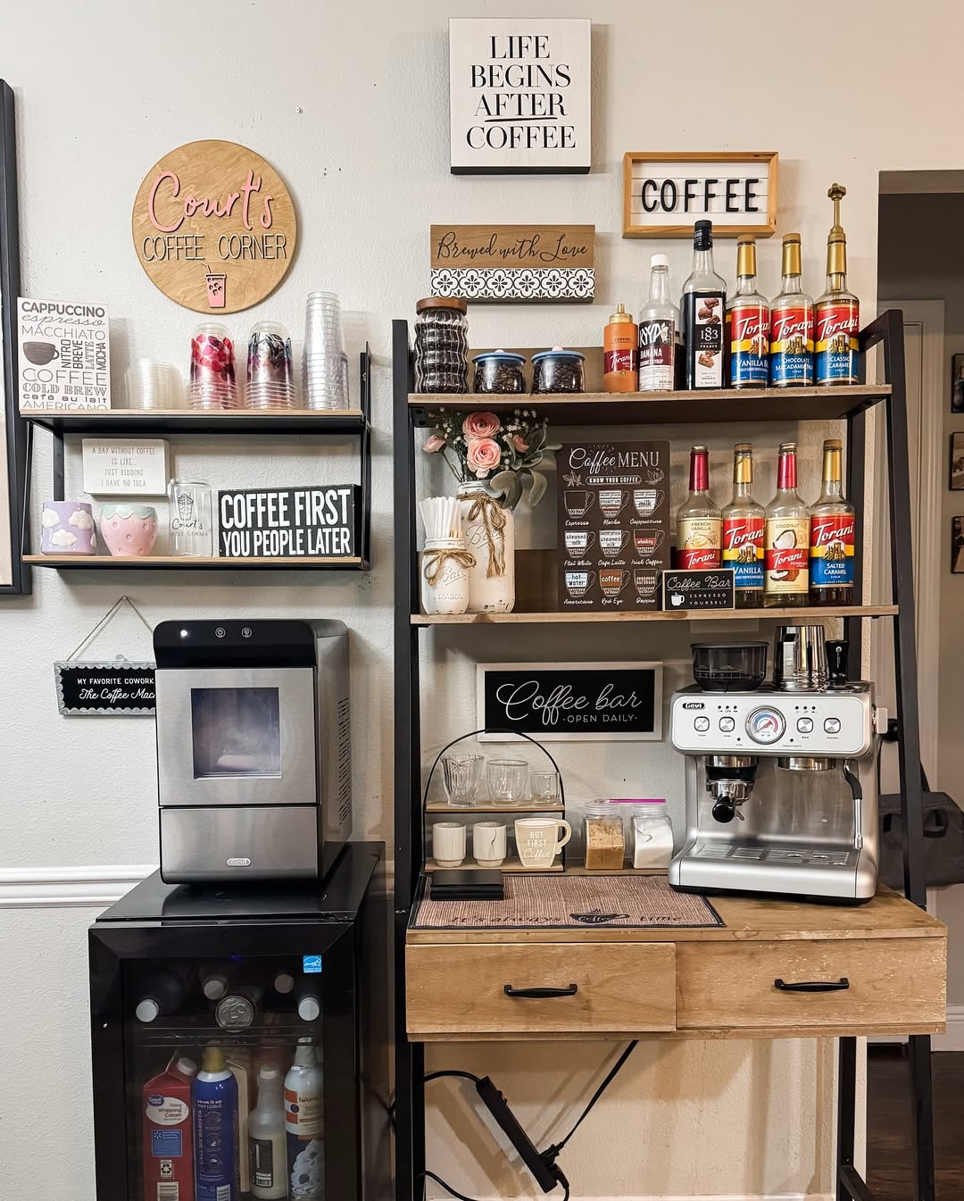 Wooden Desk with Built-In Drawers Houses Espresso Machine