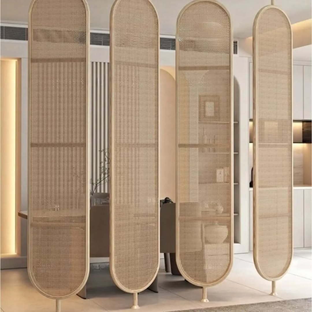 Tall Rattan Screens With Integrated Display Shelves