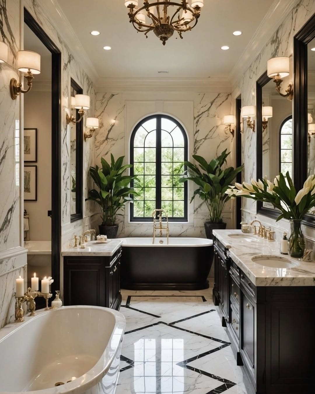 Tall Potted Plants That Frame a Freestanding Tub