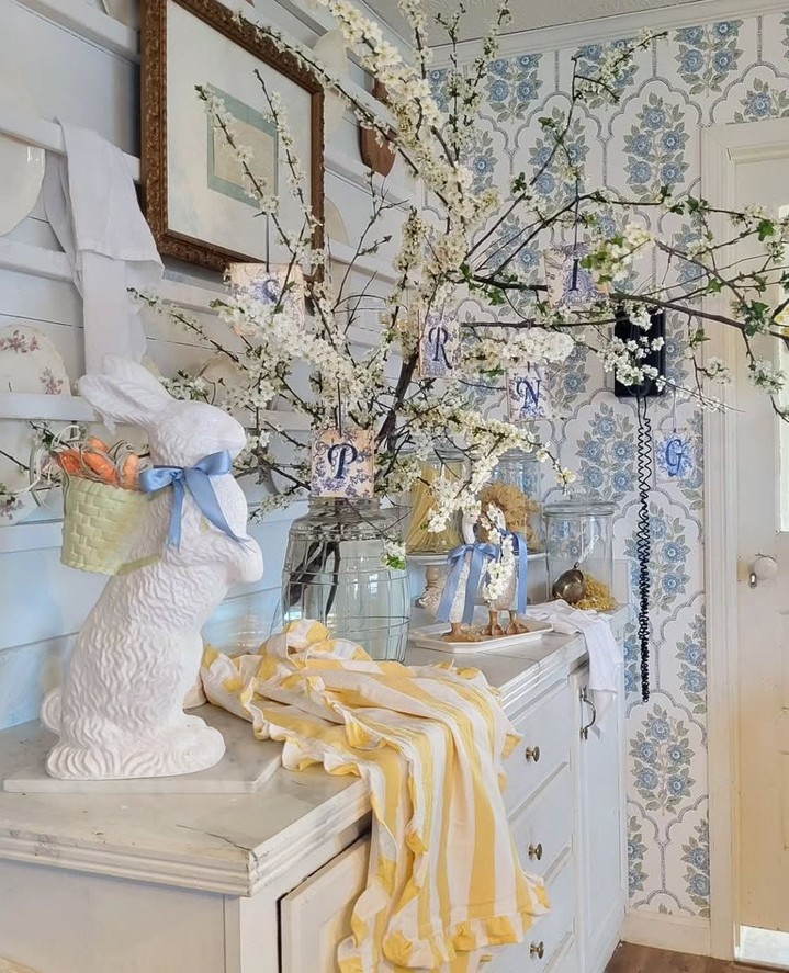 White Bunny Figurine Holds A Basket Of Carrots