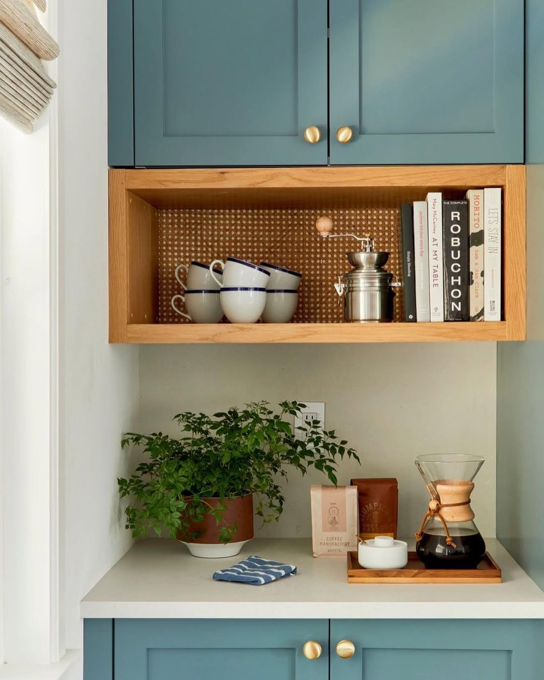 Open Wood Shelf with Cane Backing Displays Mugs