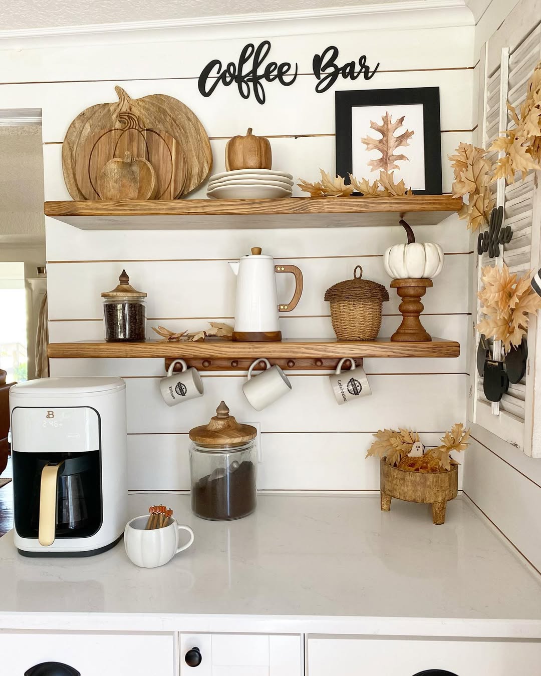 Wooden Coffee Bar Shelves With Hanging Mug Hooks