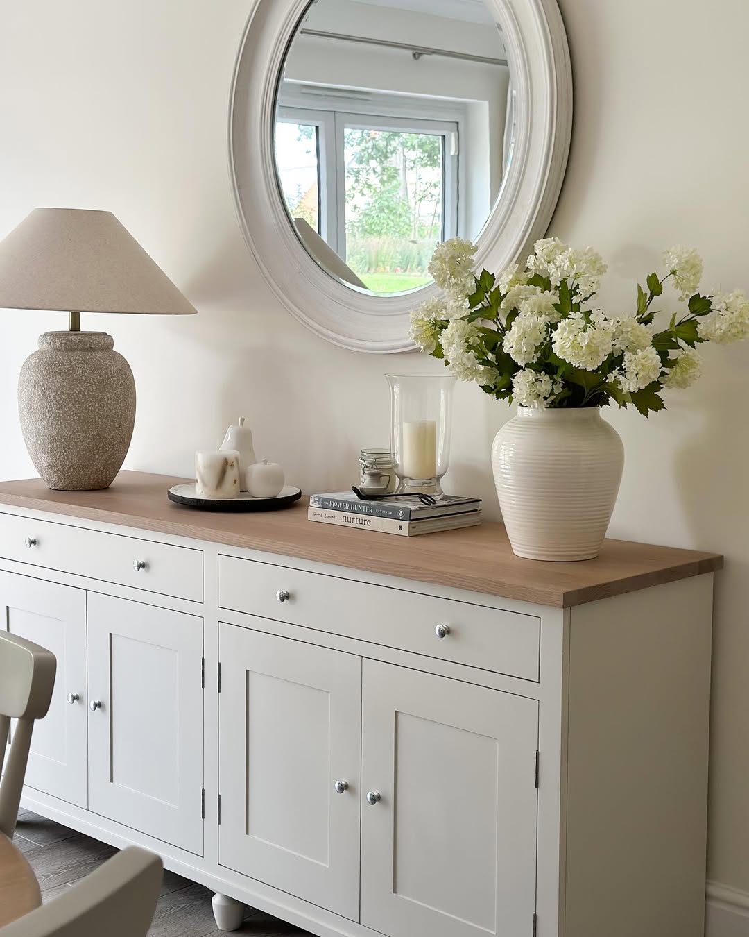 White Hydrangeas Add Airy Volume in a Ribbed Vase