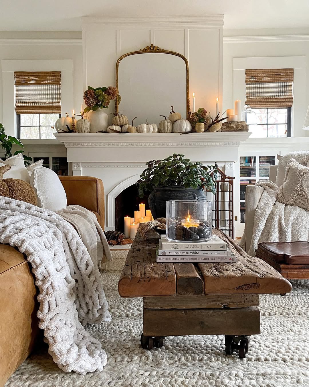 Group White Pumpkins on Your Mantel for Subtle Fall Texture