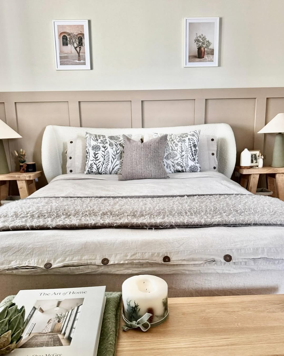 Framed Botanical Art Adds Natural Accents Above Bed