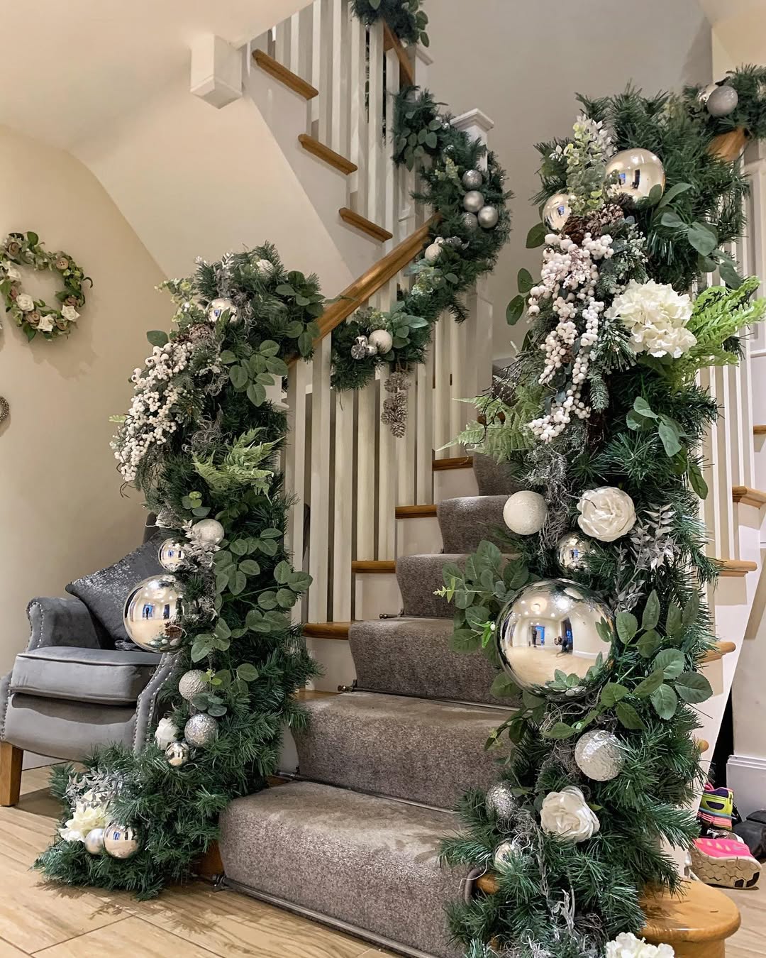 Garland with White Flowers and Silver Ornaments