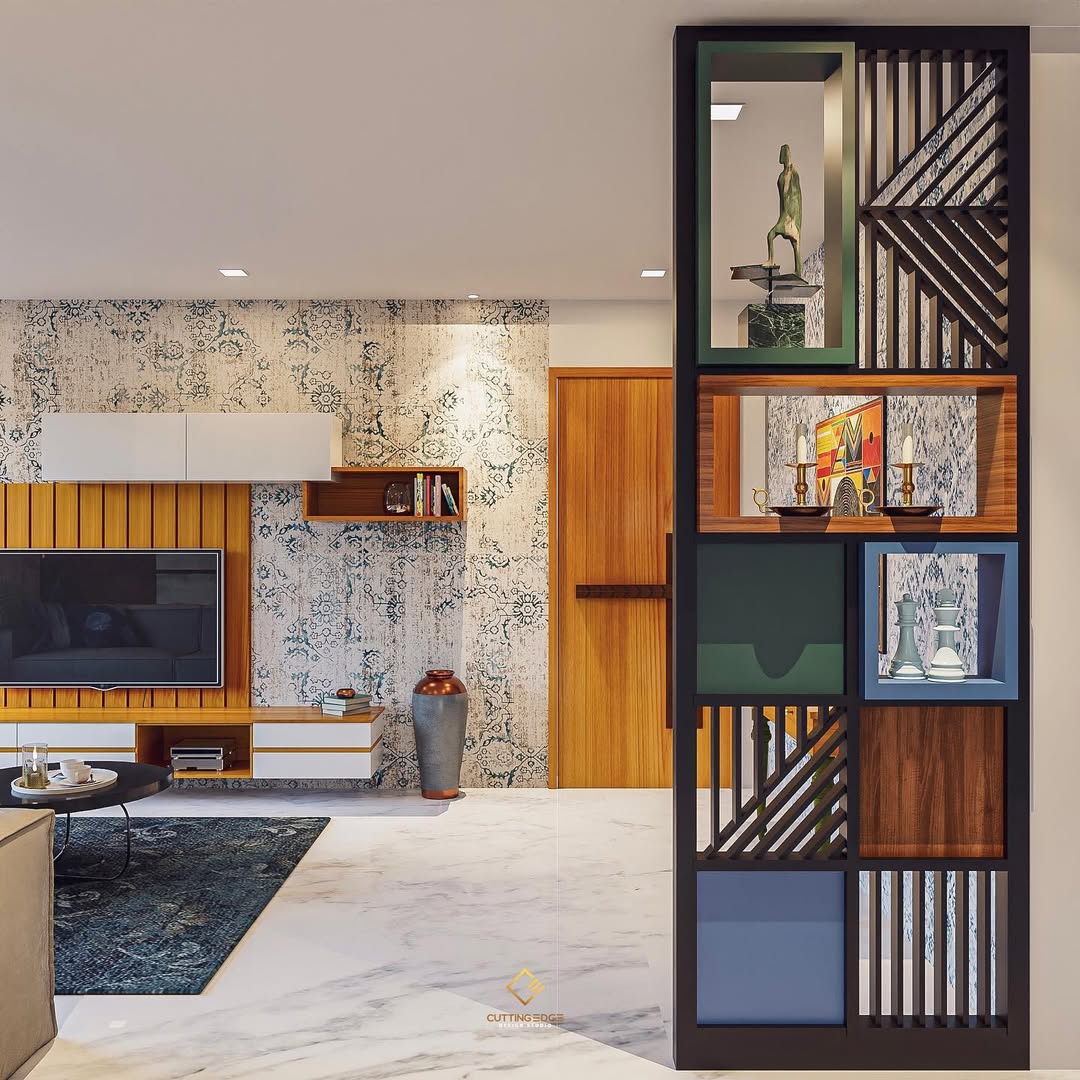 Modular Room Divider With Open Cubbies and Slatted Sections