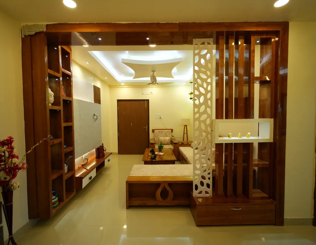 Wooden Divider With Cutout Panels and Integrated Shelving