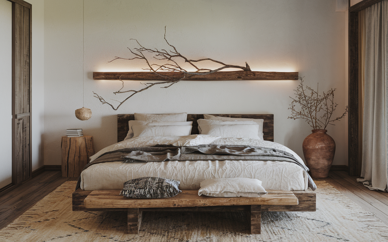 Raw Wood Branch As A Unique Headboard Accent