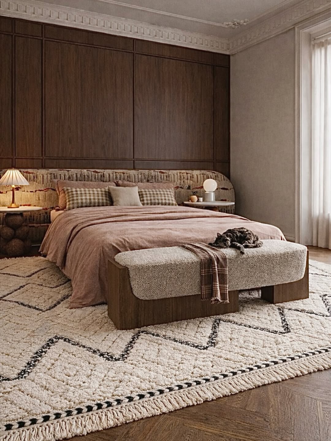 Incorporate a Bouclé Bench for Softness at the Foot of the Bed