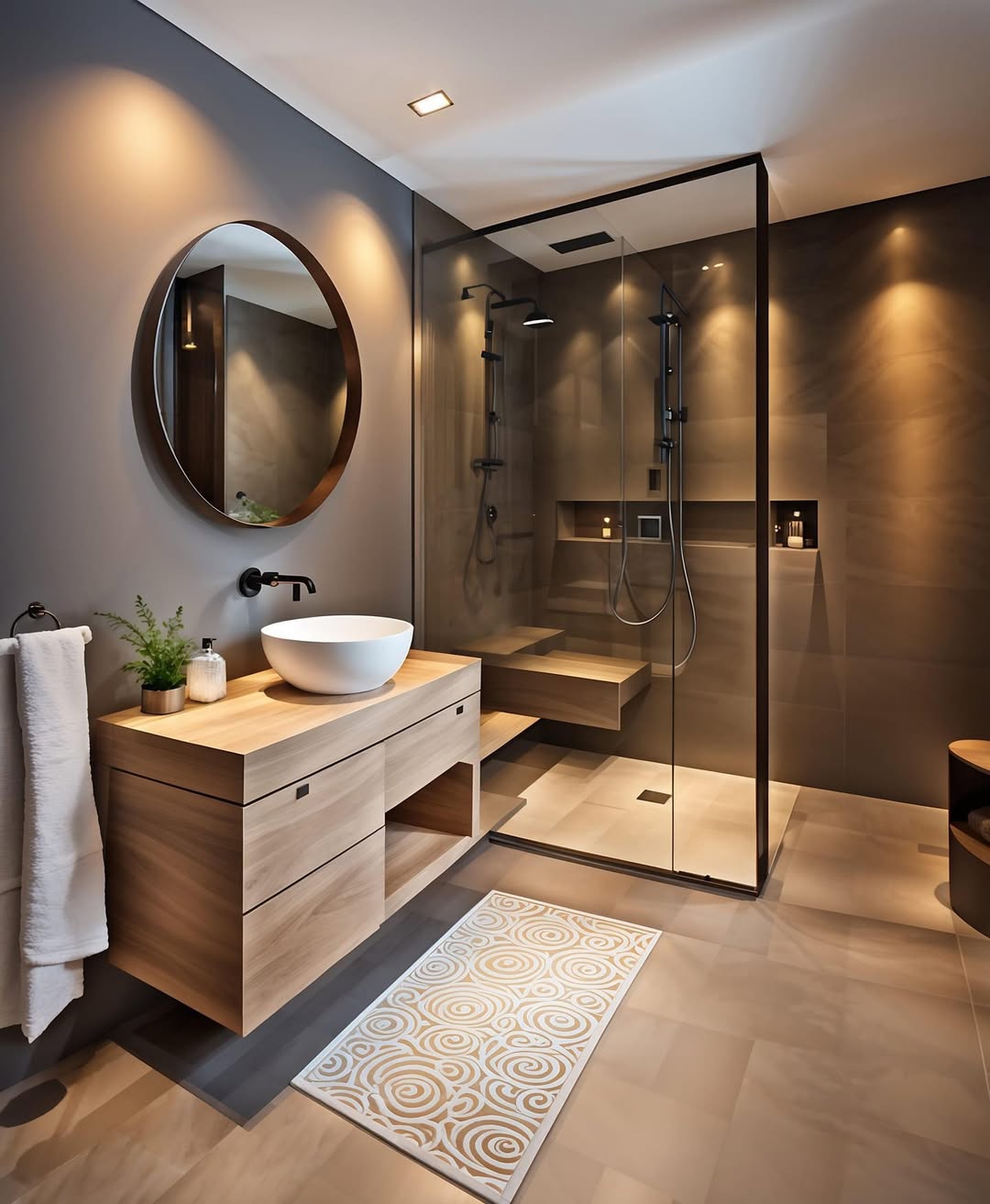 Shower Bench With Integrated Wood Shelving