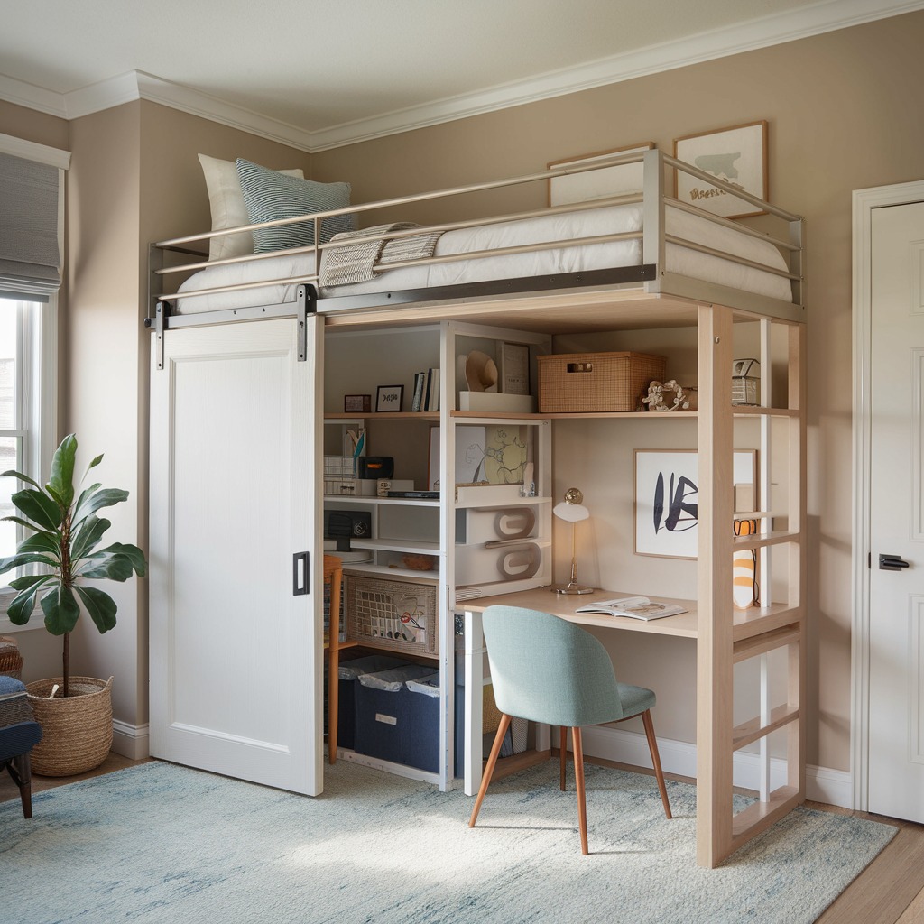 Sliding Barn Door Hides Open Shelving and Desk Area