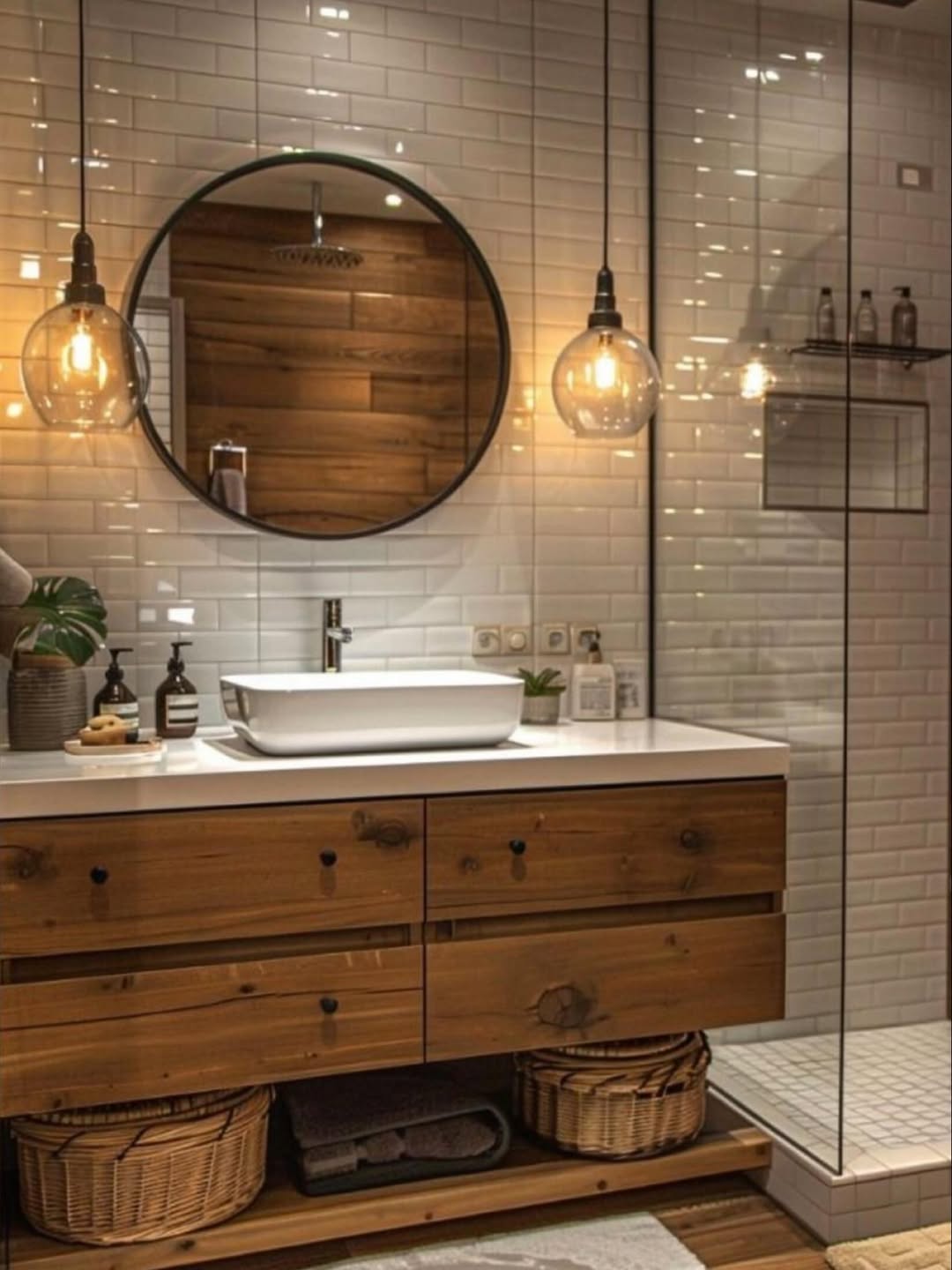 Open Wood Vanities With Woven Baskets For Texture
