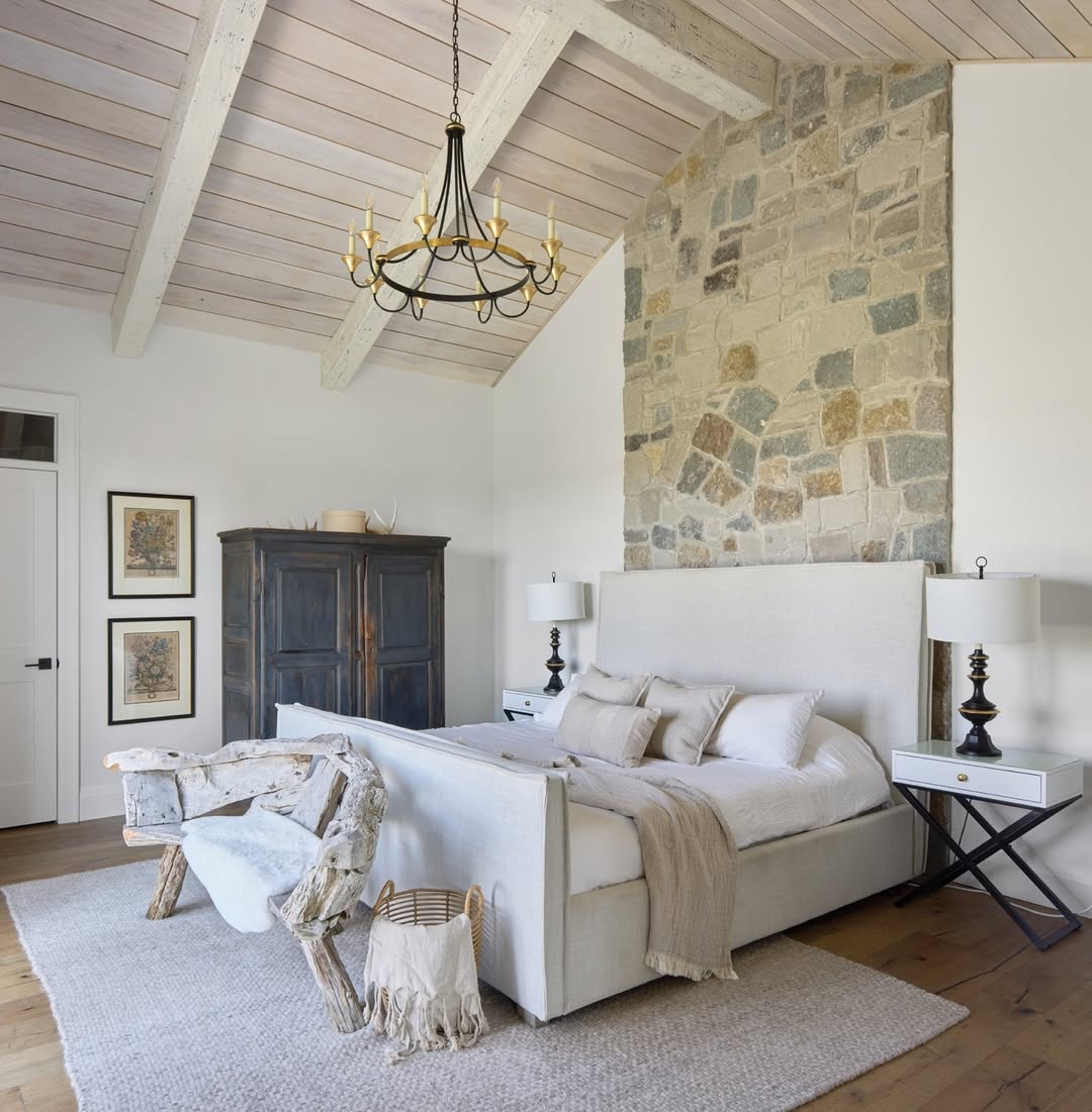 Rustic Wood Bench Adds Unique Seating Near Bed