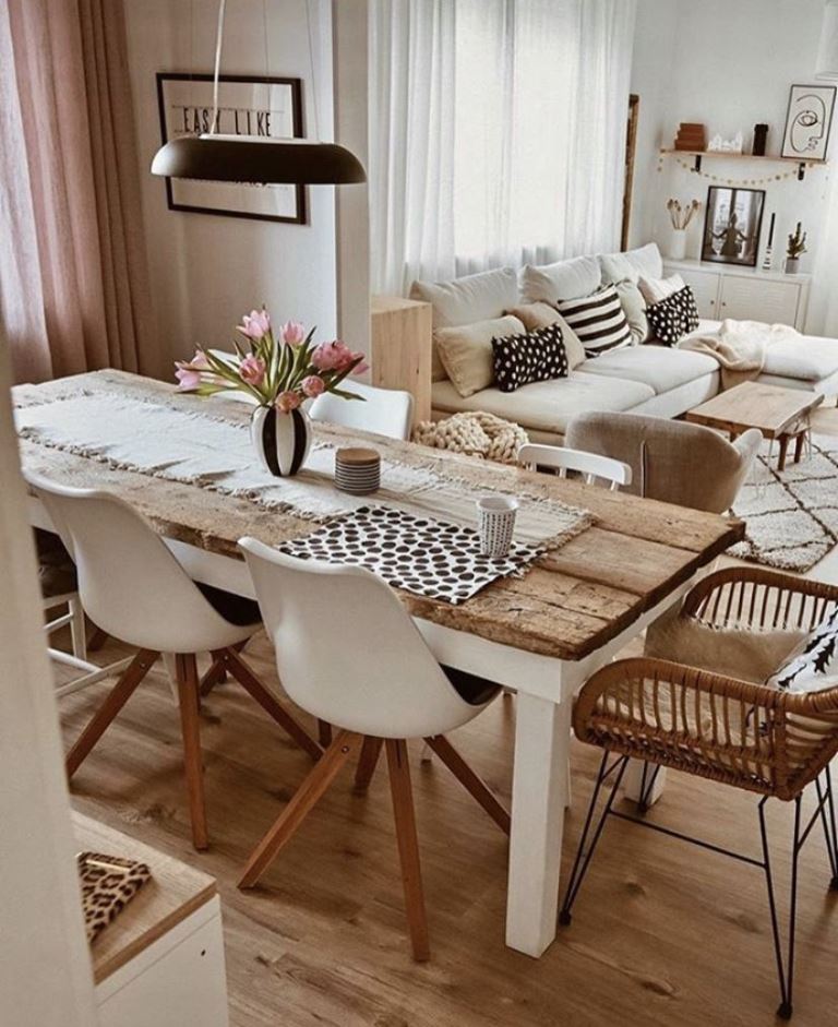 Rustic Wooden Table With Black Dot Placemats