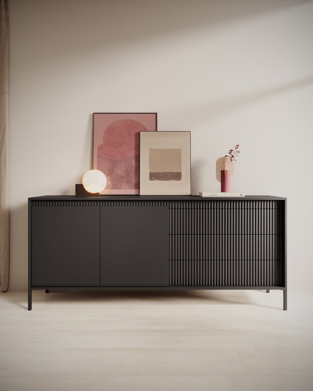 Layered Artwork and Minimalist Lamp Add Dimension