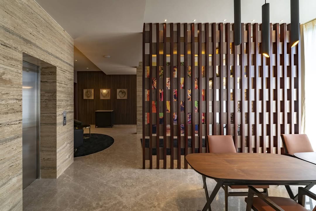 Slatted Wood Divider With Colorful Accents