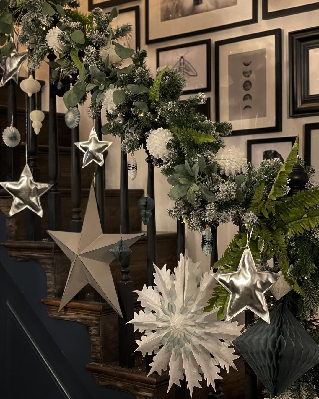 Silver Stars and Paper Snowflakes for a Festive Staircase