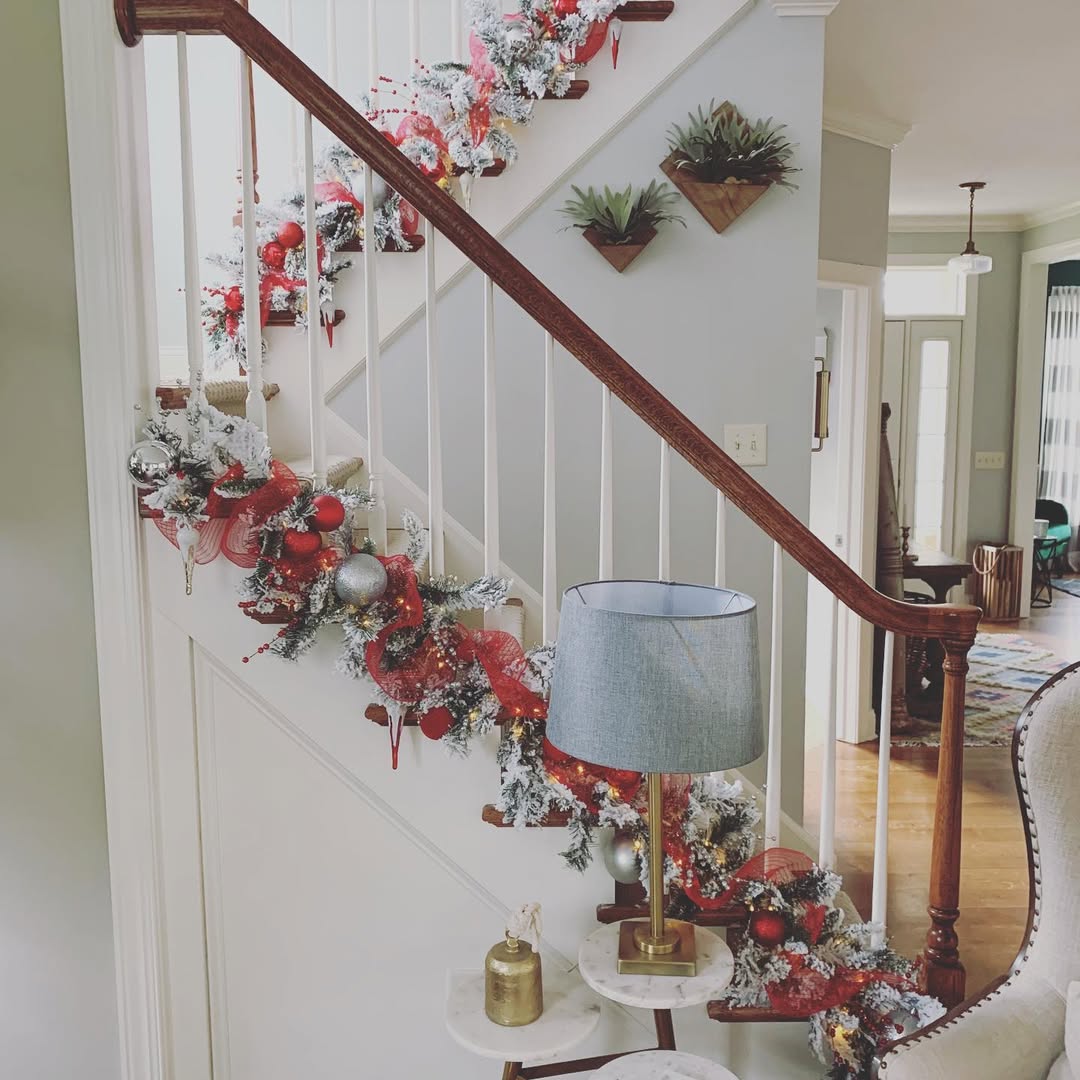 Frosted Garland with Red Ribbon and Ornaments