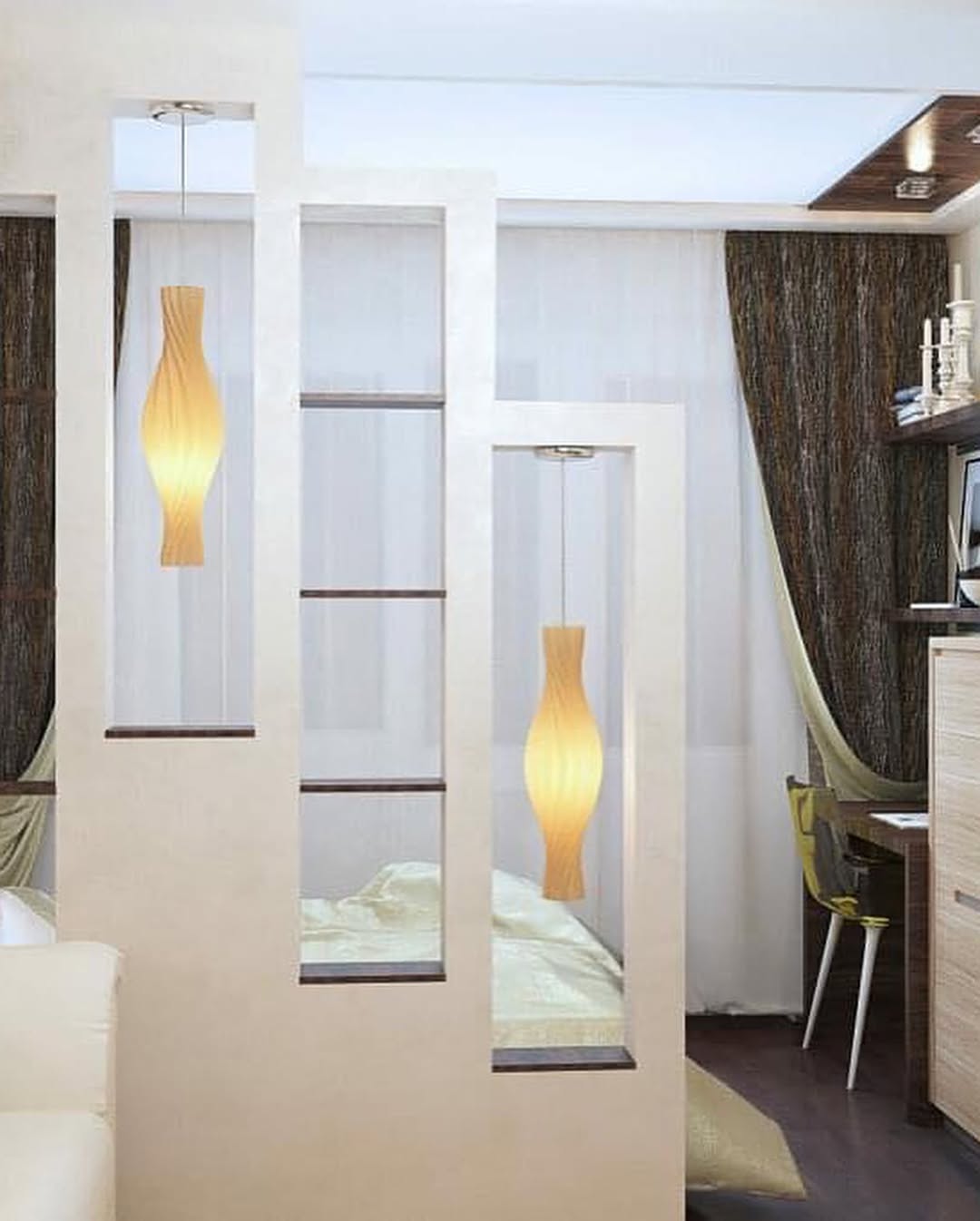 White Geometric Divider With Integrated Wood-Tone Pendant Lights