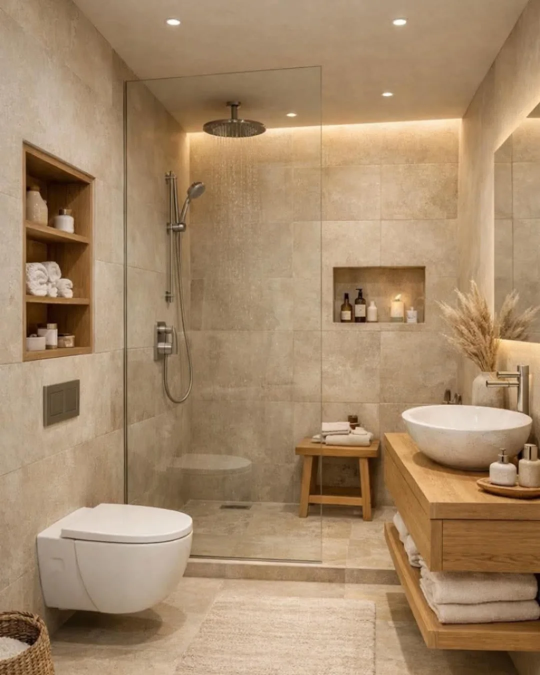 Open Wood Shelving Adds Warm Storage Next to Toilet