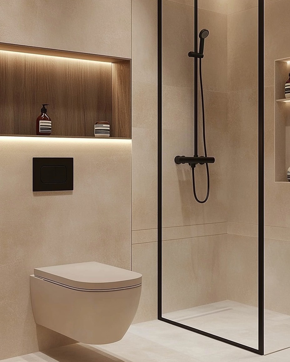 Recessed Niche With Warm Wood and Integrated Lighting