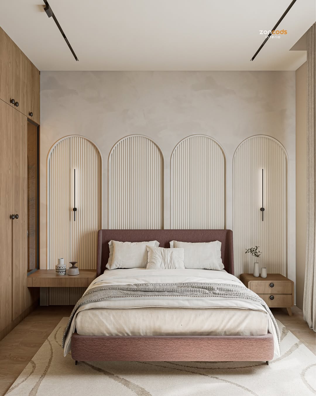 Arched Wall Panels Add Architectural Interest Behind the Bed