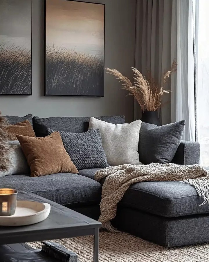 Textured Throws Add Cozy Layers To A Dark Sofa