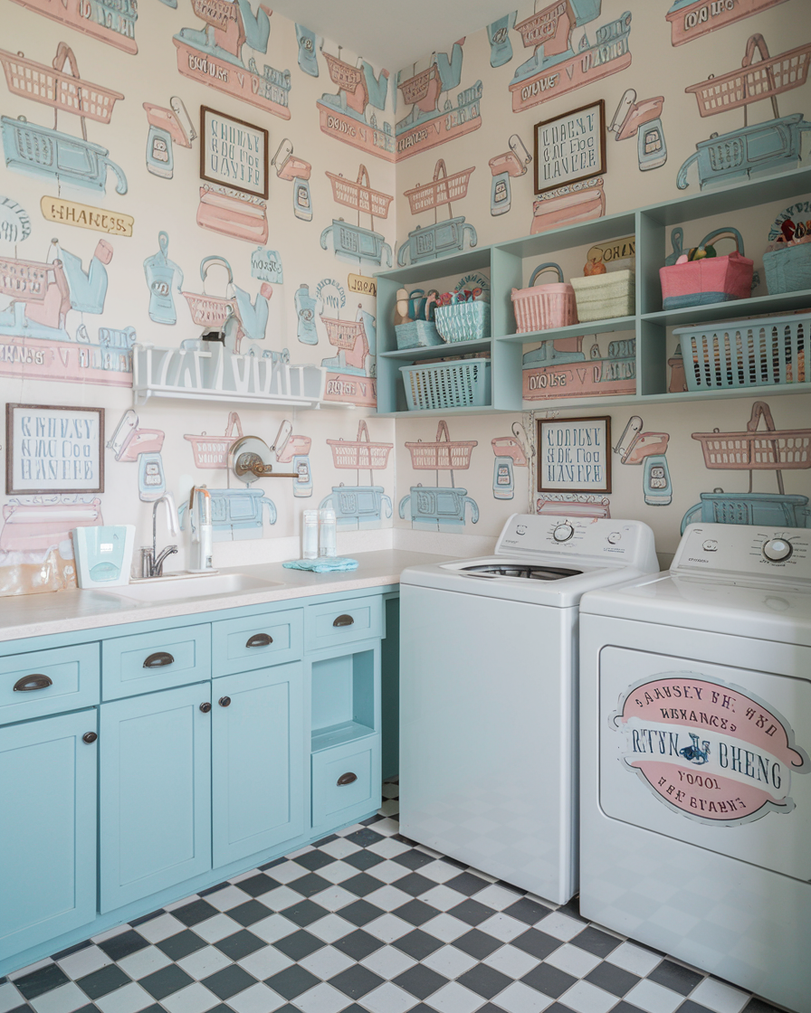 Retro Laundry Room Wallpaper With Vintage Shopping Motifs