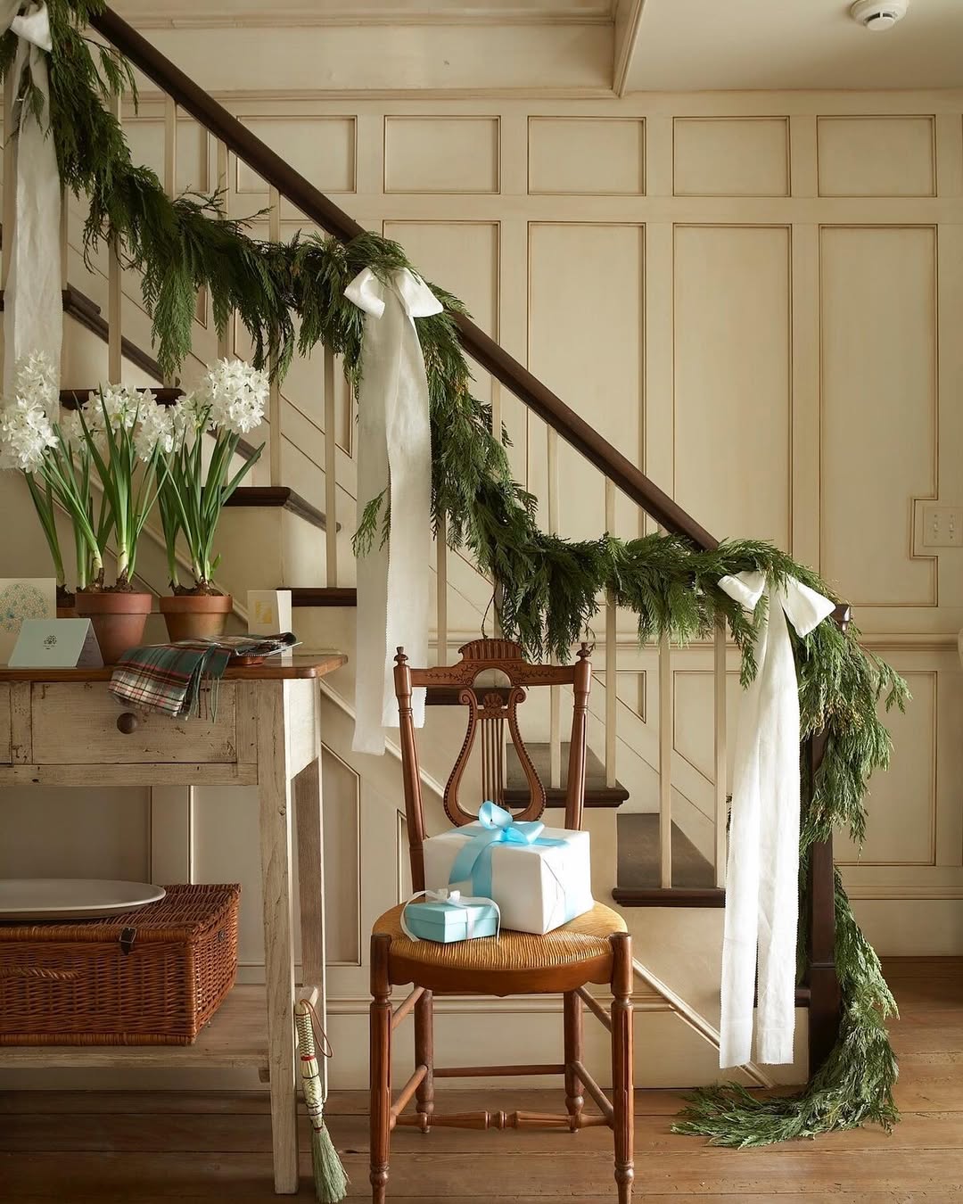 Fresh Evergreen Garland with Flowing White Ribbons