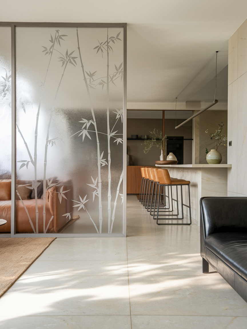 Frosted Glass Divider With Bamboo Motifs