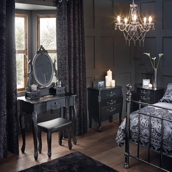 Black Vanity with Ornate Carvings for Dressing