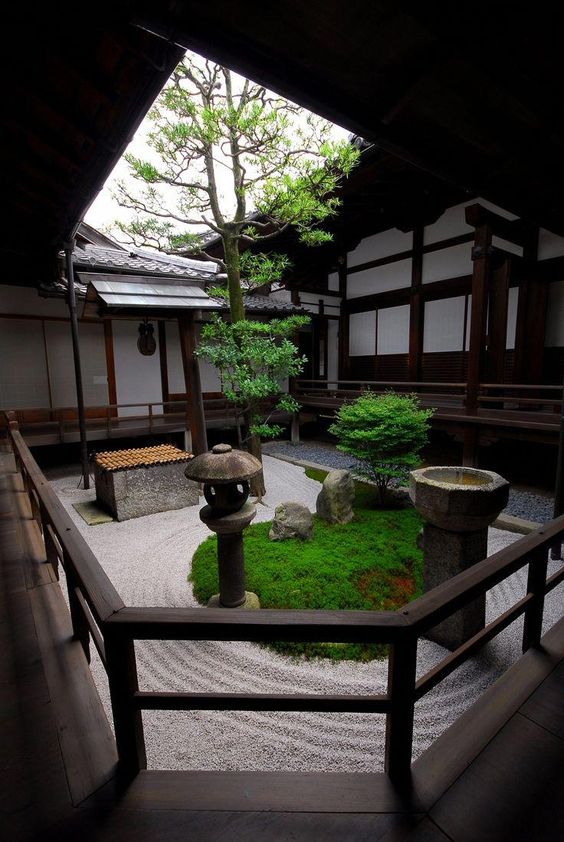 Zen Garden Paths Defined by Stone Lanterns and Moss Islands