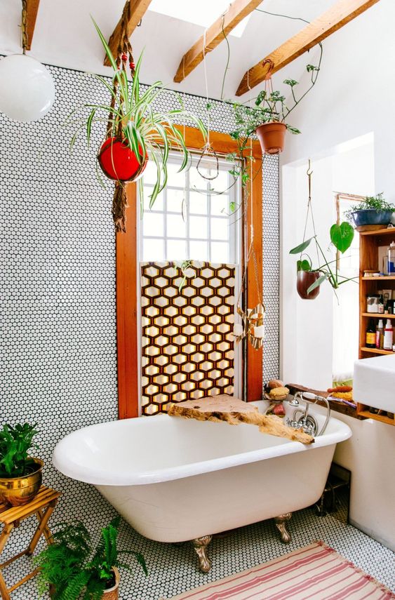 Hanging Plants Add Living Greenery to Small Bathrooms