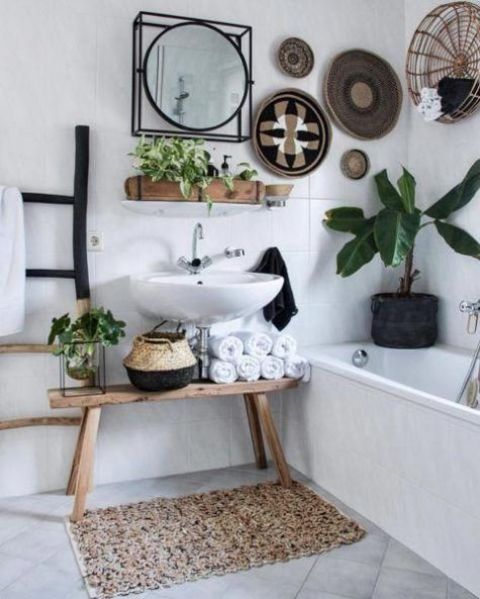 Wooden Bench Under Sink for Towels and Plants