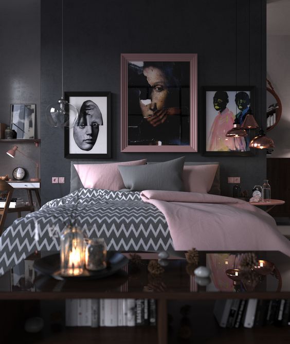 Frame Your Bed with Pink and Black Art Groupings