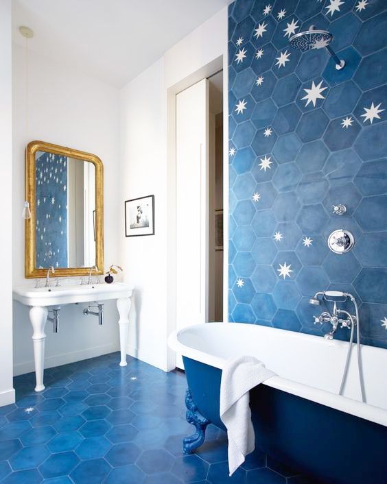 Celestial Shower Walls with Hexagonal Blue Tile