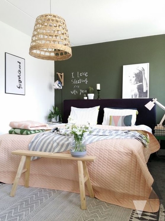 Woven Pendant Light Adds Natural Texture Above the Bed