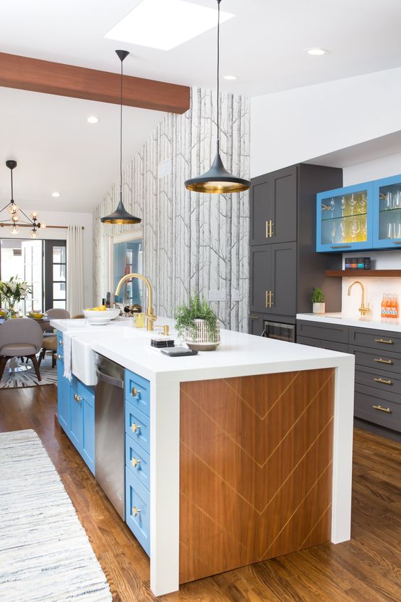 Warm Wood Chevron Panels Contrast a Blue Island