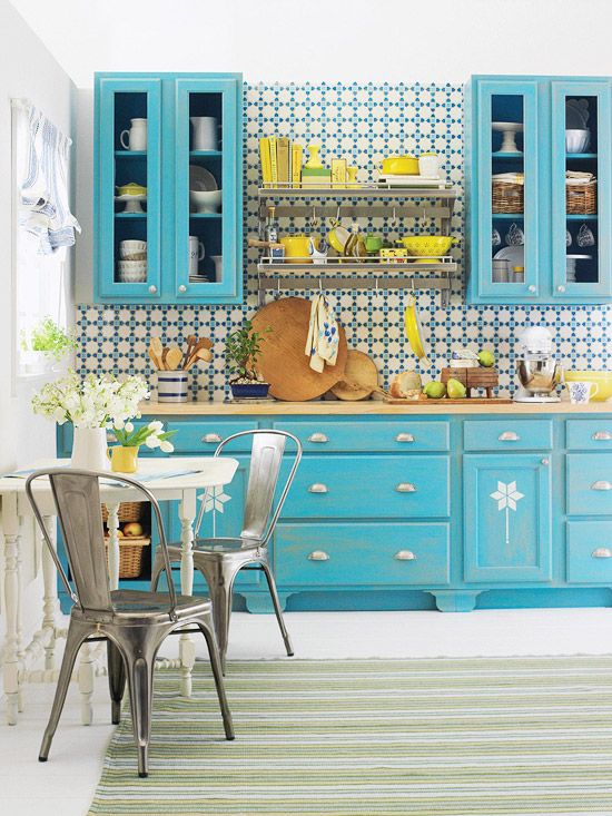 Blue Cabinets With Hand-Painted Floral Accents