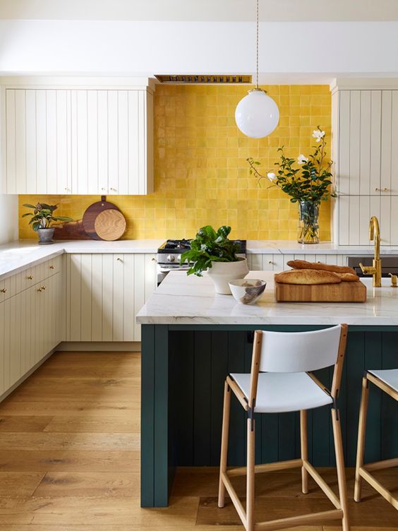 Yellow Square Tile Backsplash Adds Textured Interest