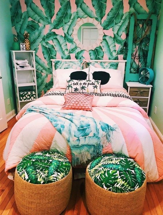 Tropical Leaf Print Poufs Add a Pop of Green