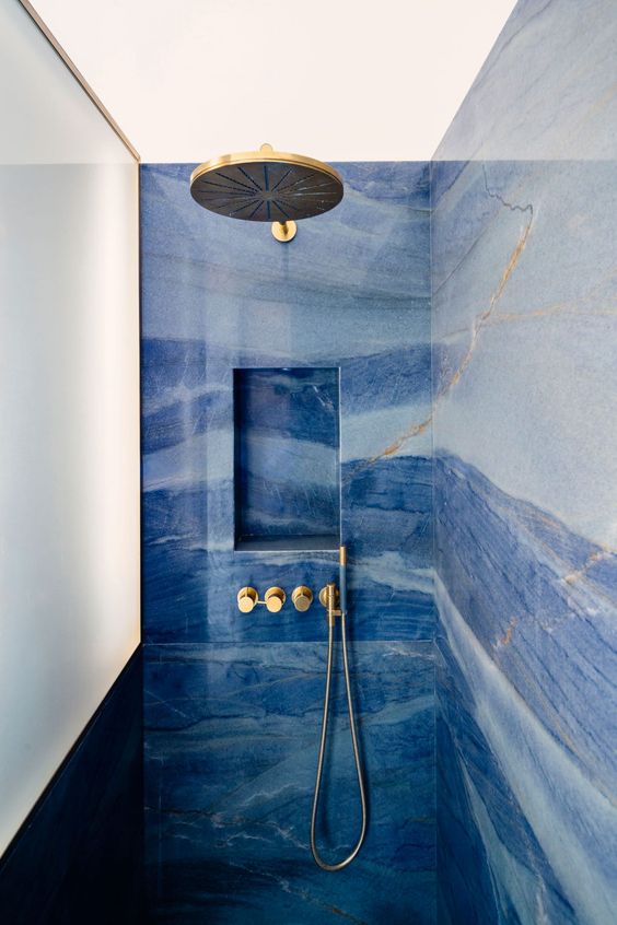 Blue Marble Shower Niche with Gold Fixtures