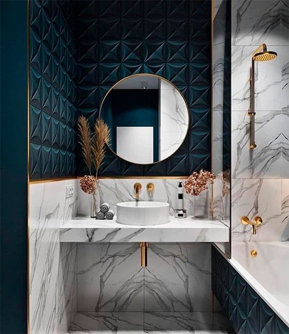 Dimensional Teal Tile Walls Above Marble Counter
