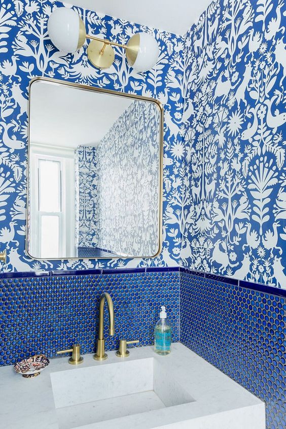 Bold Blue Penny Tile Backsplash Adds Playful Texture