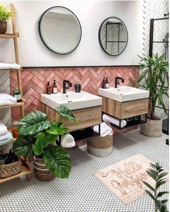 Floating Vanities Add Openness Above Hex Tile Floors