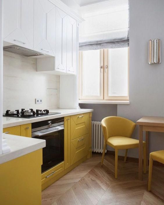 Geometric Drawer Fronts Add Detail to Yellow Cabinets