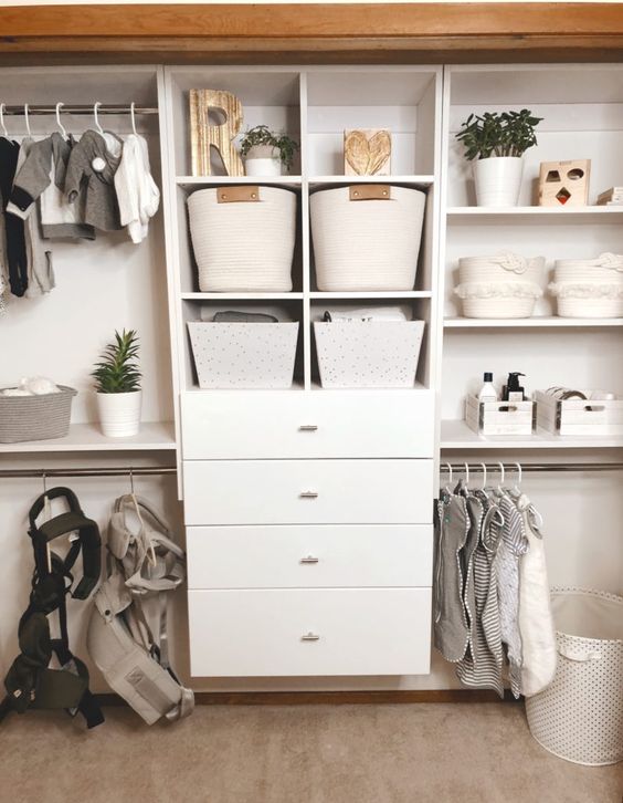 White Rope Baskets with Leather Pulls for Open Shelving