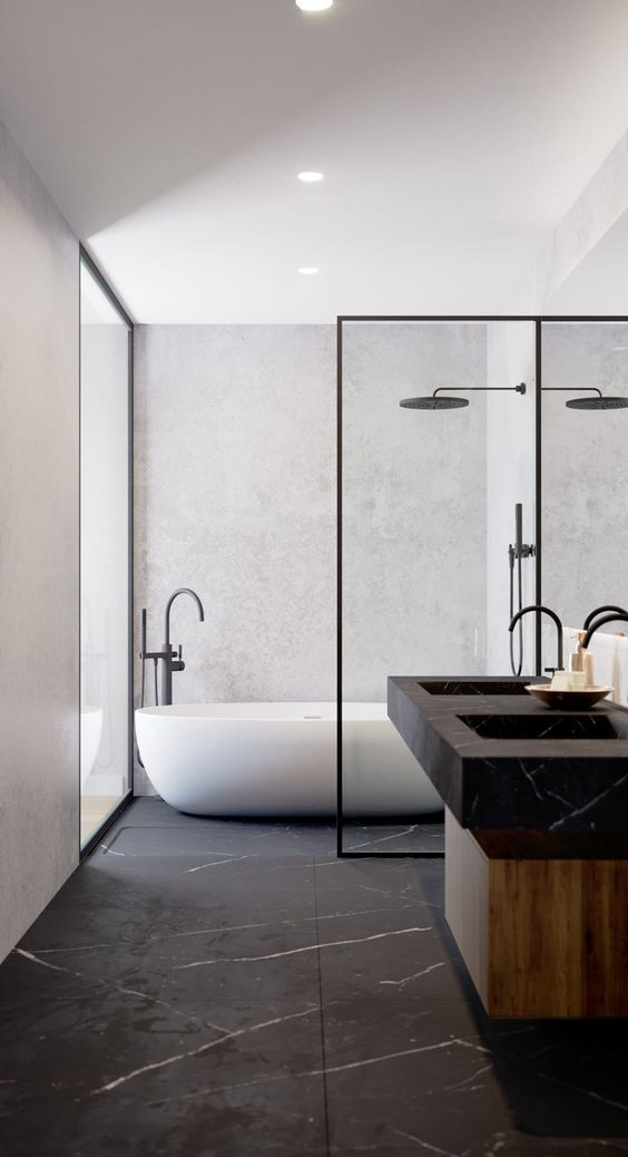 Black Marble Vanity with Wooden Base Adds Rich Contrast